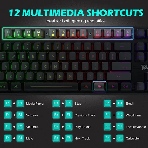 Vista 6 de Teclado para juegos, teclado de membrana con cable de 105 teclas, teclado retroiluminado LED arcoíris, diseño de tecla flotante, panel de aleación