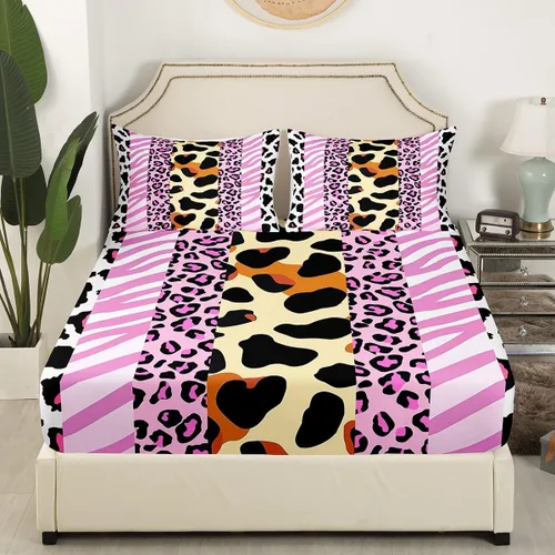 Vista 3 de Manfei Sábana bajera ajustable de piel de animal, tamaño matrimonial, funda de cama con estampado de cebra de leopardo con 2 fundas de almohada