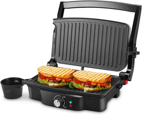 Panini Maker, ISILER - Parrilla de prensa Panini de 2 rebanadas, sándwiches eléctricos antiadherentes, abre 180 grados para cocinar aperitivos de