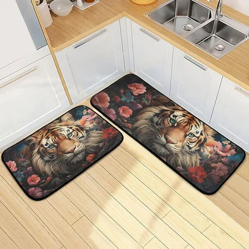Juego de 2 tapetes de cocina para piso, estampado vintage de flor de tigre, antideslizantes, acolchados, absorbentes de agua, tapetes para puerta