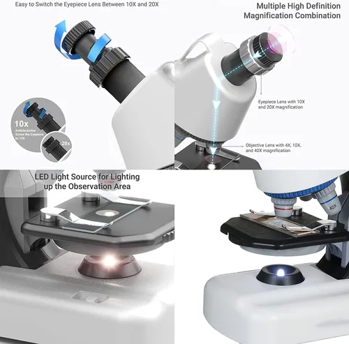 Vista 4 de Microscopio para niños – zoom de hasta 40-1200x, kit STEM con microscopio, diapositivas preparadas, luz LED integrada y varias herramientas