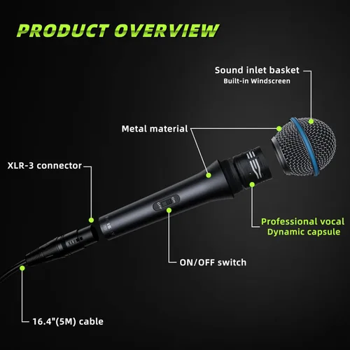 Vista 4 de MRSDY Micrófono XLR con cable, micrófono dinámico cardioide de mano de metal para cantar, escenario, estudio, karaoke, con interruptor