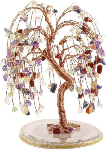 Jovivi Árbol de cuarzo natural con cristales curativos de 7 chakras, árbol del dinero, base de ágata geoda, adornos de Feng Shui, decoración del