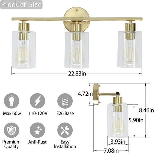 Vista 3 de Lámpara de tocador de baño de 3 luces, lámparas doradas sobre espejo con pantalla de vidrio transparente, aplique de pared de latón cepillado