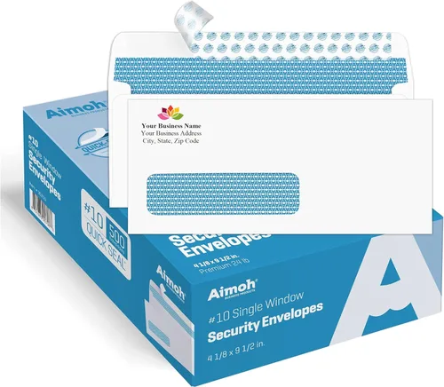 Aimoh 500#10 Sobres de seguridad autoadhesivos para ventana izquierda impresos, personalización de texto y logotipo, cierre autosellado, teñido de