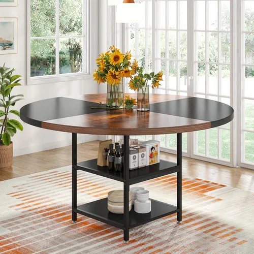 Tribesigns Mesa de comedor redonda de 47 pulgadas para 4 personas, mesas de comedor circulares con estantes de almacenamiento y parte superior de