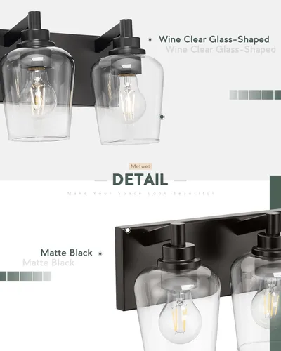 Vista 5 de Lámparas de baño, lámpara de tocador moderna de 3 luces con pantalla en forma de copa de vino de vidrio transparente, accesorios de iluminación Negro