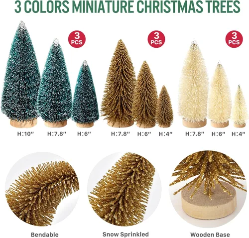 Vista 3 de 9 piezas de mini árboles de Navidad, decoración de Navidad artificial con 4 tamaños, árboles de Navidad tipo cepillo de botella para decoración