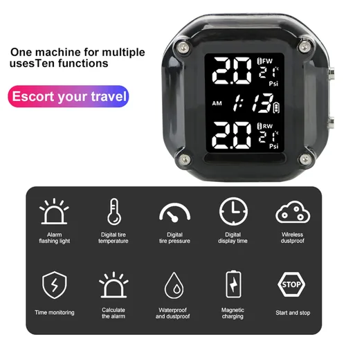 Vista 8 de Sistema de monitoreo de presión de neumáticos TPMS para motocicleta con pantalla LCD y 2 sensores externos, alarma de temperatura de neumáticos