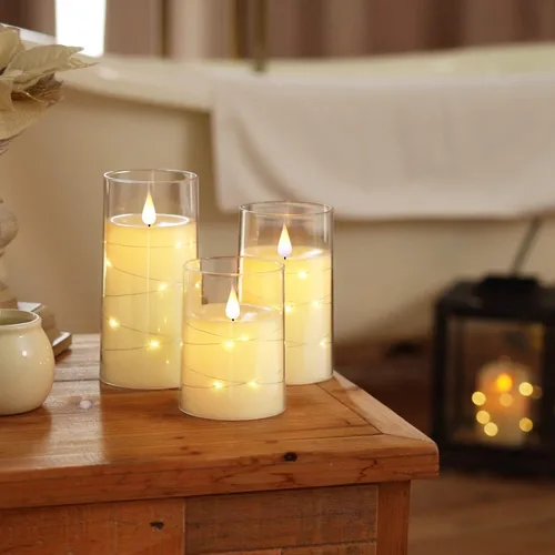 Vista 2 de Homemory Velas parpadeantes sin llama con tira de luces, velas que funcionan con pilas, luces LED de cadena integradas, vela de plexiglás irrompible