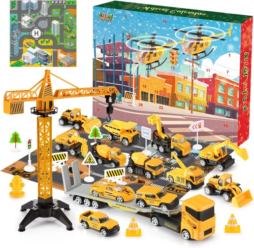 Calendario de Adviento: Conjuntos de Juguetes de Vehículos de Ingeniería de Construcción de Aleación Más 2 Alfombrillas, Juguetes Regalos de Navidad