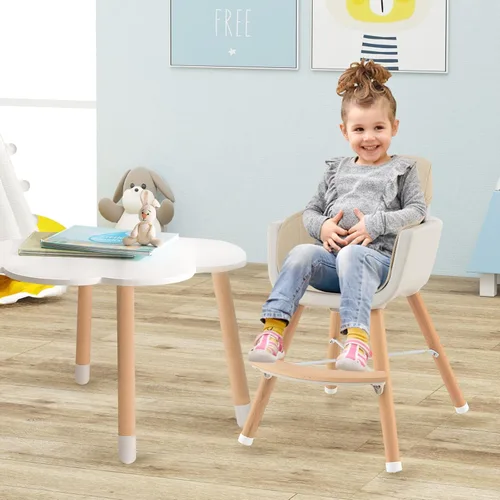Vista 8 de BABY JOY Trona convertible para bebé, 3 en 1, silla alta de madera/asiento elevador/silla con bandeja extraíble, patas ajustables, arnés de 5