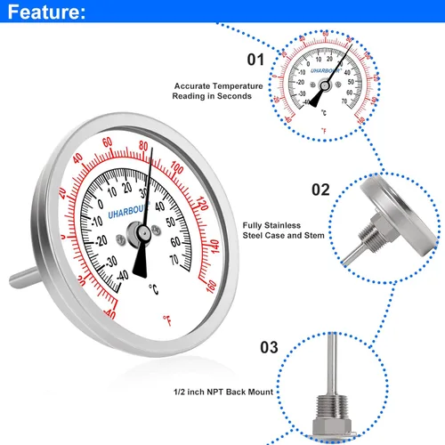 Vista 5 de Medidor de Temperatura del Agua, Esfera de 3" Completamente de Acero Inoxidable Medidor de Temperatura del Agua, Termómetro de Agua con Vástago