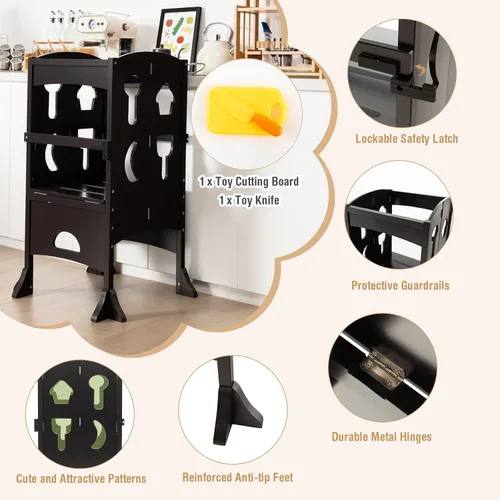Vista 2 de HONEY JOY Taburete de cocina para niños pequeños, torre de pie de madera con barandilla de seguridad, taburete de aprendizaje plegable Montessori