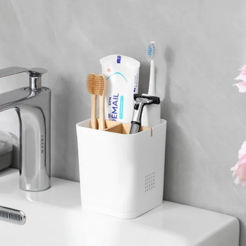 Vista 2 de Soporte para cepillo de dientes eléctrico de 3 ranuras con divisores de bambú para baños, organizador de cepillos de dientes y pasta de dientes