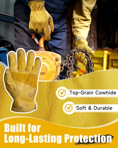 Vista 4 de DULFINE Cowhide Leather Work Gloves for Men & Women, Reinforced Durable Gardening Gloves, Puncture & Cut Resistant