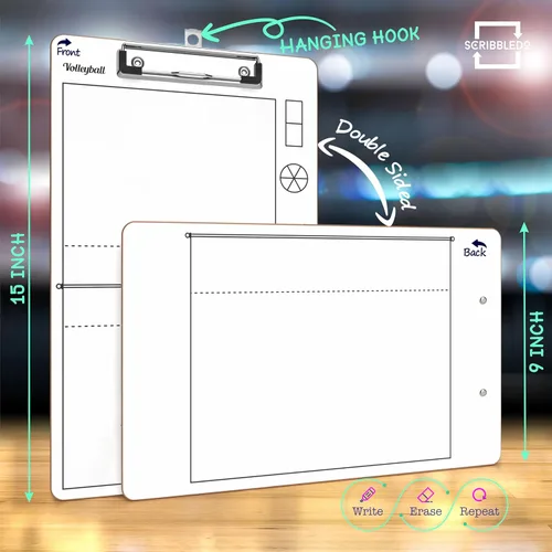Vista 2 de Scribbledo Tabla de borrado en seco para entrenadores de voleibol de 15x9 pulgadas, rueda de rotación de voleibol, pizarra blanca, suministros