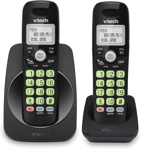 VTech Teléfono inalámbrico de 2 teléfonos con DECT 6.0, altavoz dúplex completo, pantalla iluminada, teclado retroiluminado, identificación de Negro