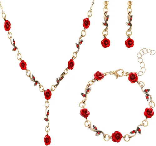 Juego de 4 a 5 piezas de joyería de oro rosa para mujer, collar de flor de rosa, aretes, pulsera, colgante de cristal de hoja, collar con diamantes