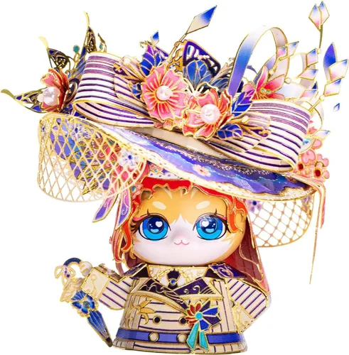 Vista 21 de MU Rompecabezas de metal 3D para adultos, figura de Alicia, gato de dibujos animados, kits de modelo de palacio de elfos, edificio en miniatura