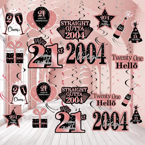 36 espirales colgantes de oro rosa para ella, suministros de fiesta feliz para mujer, remolinos de papel de aluminio vintage 2004, decoraciones