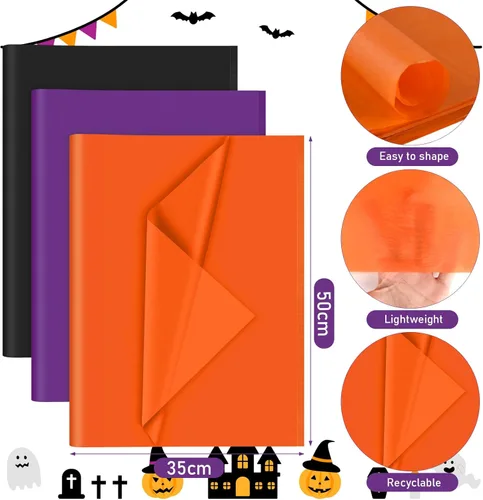 Vista 2 de PLULON 90 hojas de papel de seda de Halloween, hojas de papel de seda negro, naranja, morado, para embalaje, envoltura de regalos de cumpleaños
