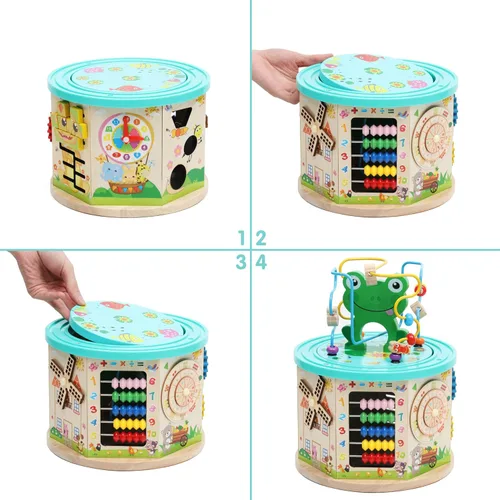 Vista 5 de LAVIEVERT Centro de actividades Cubo de juego 10 en 1 Clasificador de formas de laberinto de cuentas multiusos, juguete educativo de madera