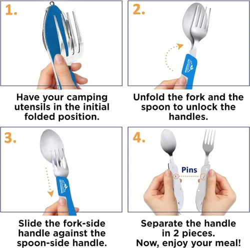 Vista 5 de 2 cubiertos plegables para acampar, desmontables, portátiles y versátiles, de acero inoxidable, tenedor, cuchara y abridor de botellas, compacto
