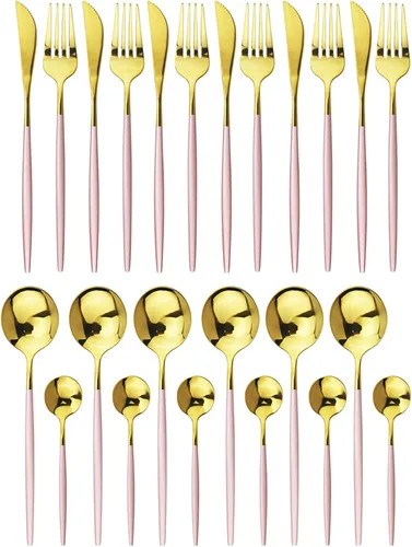 Vista 27 de JASHII Juego de cubiertos de acero inoxidable de titanio, 24 piezas, cubiertos plateados para 6 (brillantes)