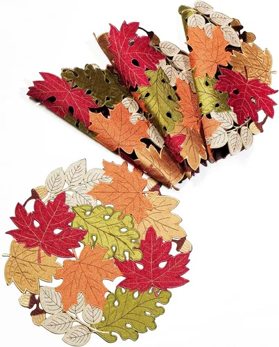 Vista 3 de KEVA Juego de 4 manteles individuales redondos de 15 pulgadas, decoración de mesa de otoño para el hogar, hojas de arce de otoño, manteles
