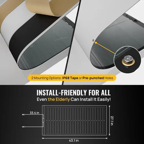 Vista 5 de BougeRV Yuma - Panel solar flexible de película fina CIGS de 100 W, el panel solar antisombreado más flexible con agujeros preperforados para una