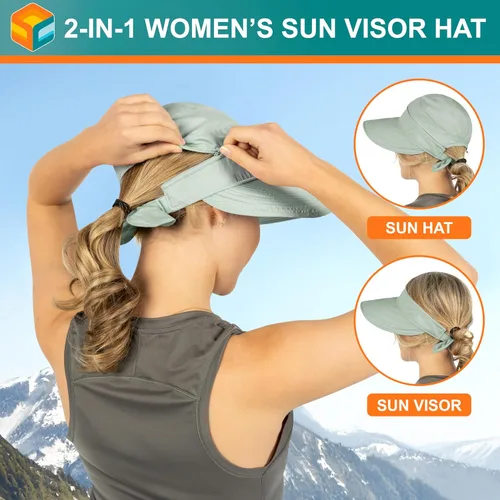 Vista 24 de SUN CUBE Sombrero de sol para mujer para protección UV al aire libre, sombrero de sol de ala ancha, cola de caballo, sombrero de playa convertible