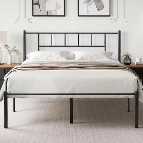 Vista 16 de VECELO Marco de cama de plataforma de metal doble con cabecero, soporte de listones de acero resistente, almacenamiento debajo de la cama,