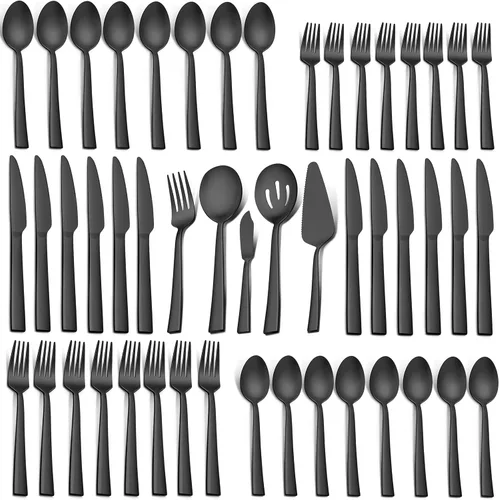 LIANYU Juego de cubiertos de 65 piezas color negro mate con utensilios para servir, juego de cubiertos de acero inoxidable para 12, utensilios de