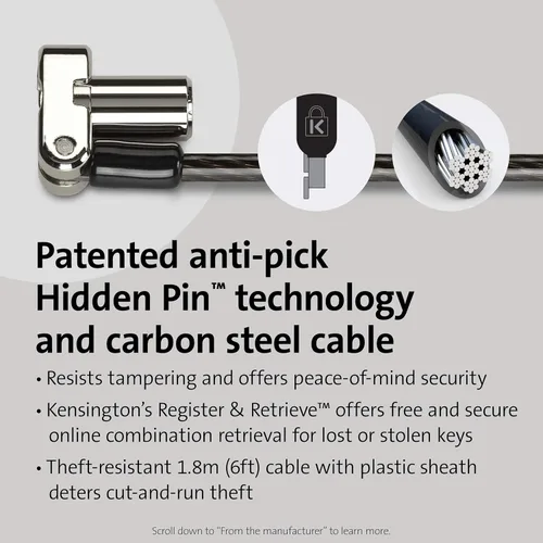 Vista 3 de Kensington Universal 3-in-1 Keyed Laptop Locking Cable, Computer Security Keyed Lock, T-bar, Nano, Wedged-shaped (K62318WW)