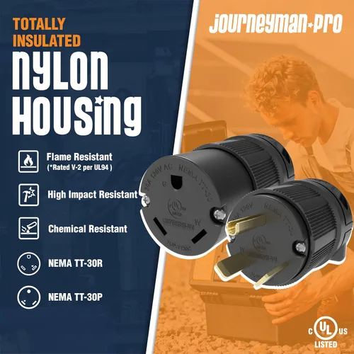 Vista 2 de Journeyman-Pro NEMA TT-30P y TT-30R, 30 amperios, 125 voltios, 3 clavijas de hoja recta macho y hembra, conector de enchufe de generador de remolque