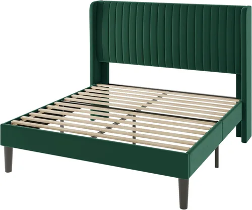 Vista 9 de Allewie Marco de cama de tamaño matrimonial/plataforma tapizada de terciopelo, cabecero con alas capitoné de canal vertical/listones de madera Verde