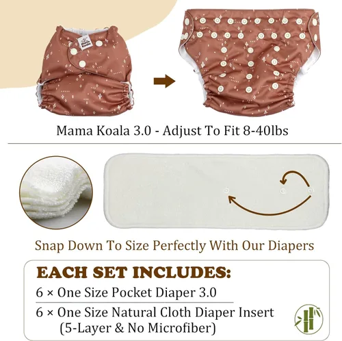 Vista 5 de Mama Koala Pañales de tela para bebé 3.0 con 6 insertos, con 2 bolsas reutilizables para húmedo y seco