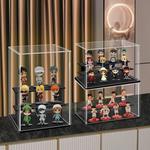 Vista 3 de LANSCOERY vitrina de acrílico transparente, soporte de 3 niveles con base negra, escaparate de protección a prueba de polvo para figuras