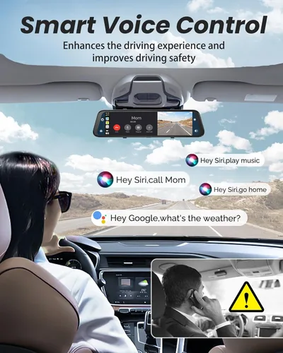 Vista 5 de Cámara de espejo retrovisor 4K con Carplay y Android Auto, cámara de salpicadero de 12" para espejo frontal y trasero con control de voz para coches