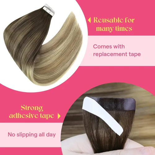 Vista 4 de Ve Sunny Extensiones de cabello humano real con cinta, cabello humano Remy, lacio, doble cara, color marrón oscuro, balayage, rubio dorado oscuro