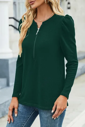 Vista 4 de Blusa de manga abombada para mujer, blusa casual de manga larga con cuello con cremallera