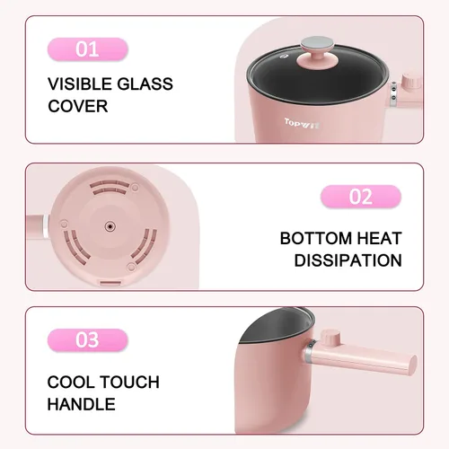 Vista 8 de TopWit Olla Caliente Eléctrica, 1.5L Olla de Ramen, Sartén Eléctrica Portátil Antiadherente, Olla Eléctrica para Pasta, Bistec, Libre de BPA, Olla