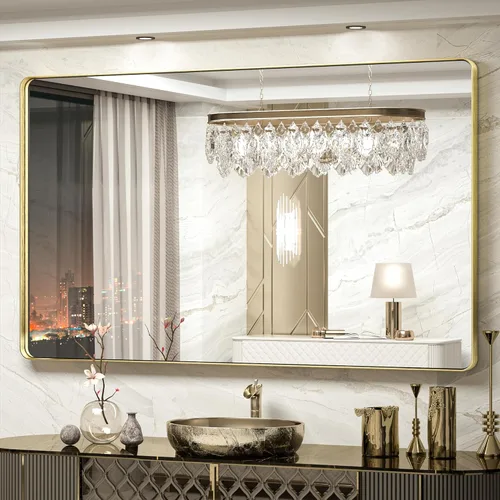 Vista 29 de TokeShimi Espejo de pared de baño de níquel cepillado de 20 x 30 pulgadas, marco de metal, esquina redonda, rectangular, para decoración del hogar