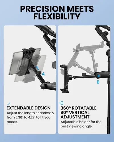 Vista 2 de Moukey Soporte ajustable para tablet con clip para teléfono compatible con soporte de micrófono y soporte de música, compatible con todos los iPad
