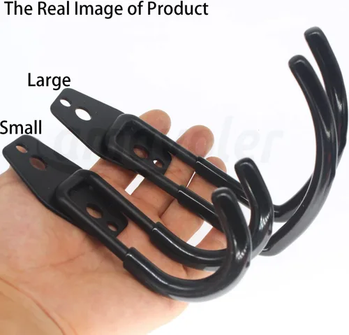 Vista 6 de Soporte para casco de pared, negro, 2 ganchos curvados de hierro doble grande con tornillos de montaje. Ideal para cascos Harley, Honda, Kawasaki