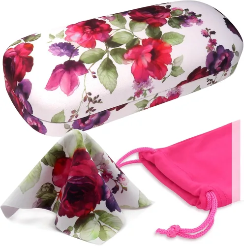 MyEyeglassCase Estuche rígido para lentes de mujer | Estuche protector de carcasa dura con bolsa y paño 1- Rosa de arándano floral