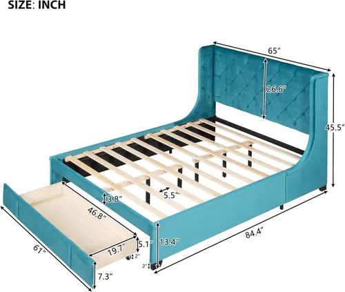 Vista 102 de SOFTSEA Cama de plataforma tapizada tamaño Queen con cajón de almacenamiento, marco de cama tapizado con cabecera con respaldo de alas, soporte