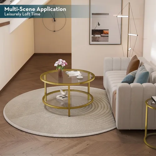 Vista 8 de SAYGOER Mesa de centro redonda de vidrio de 2 niveles con estante de almacenamiento para espacios grandes o pequeños, mesa central moderna y simple