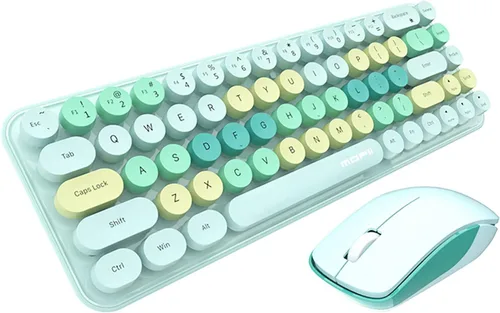 Vista 8 de Combo compacto de teclado y mouse inalámbricos, teclas redondas coloridas, sin sonido, 68 teclas, adecuado para niñas y niños, compatible con Verde